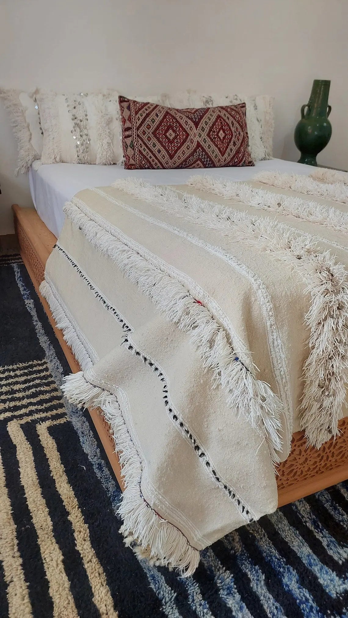 Handira Bed Throw Cream Fringe: Authentic Moroccan 4x7ft Boho Blanket Neutral Sofa Decor MoroccanBazzArts