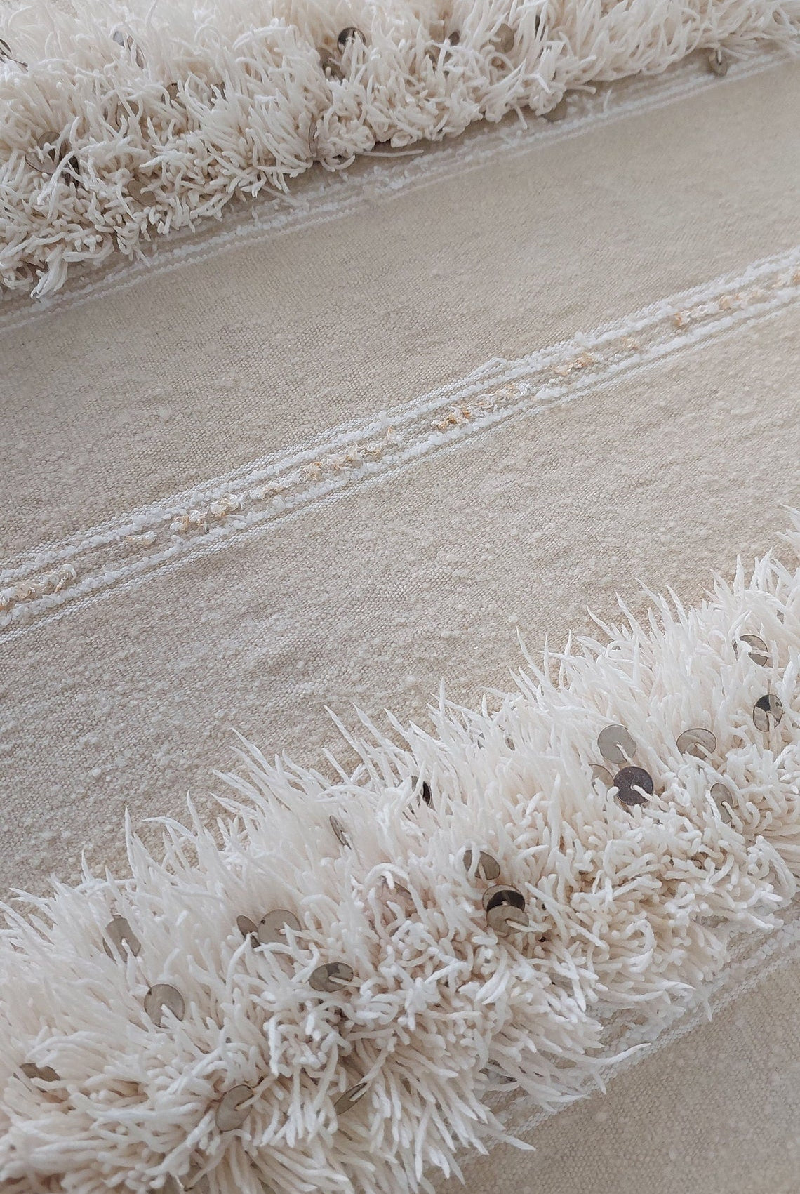 Handira Bed Throw Cream Fringe: Authentic Moroccan 4x7ft Boho Blanket Neutral Sofa Decor MoroccanBazzArts