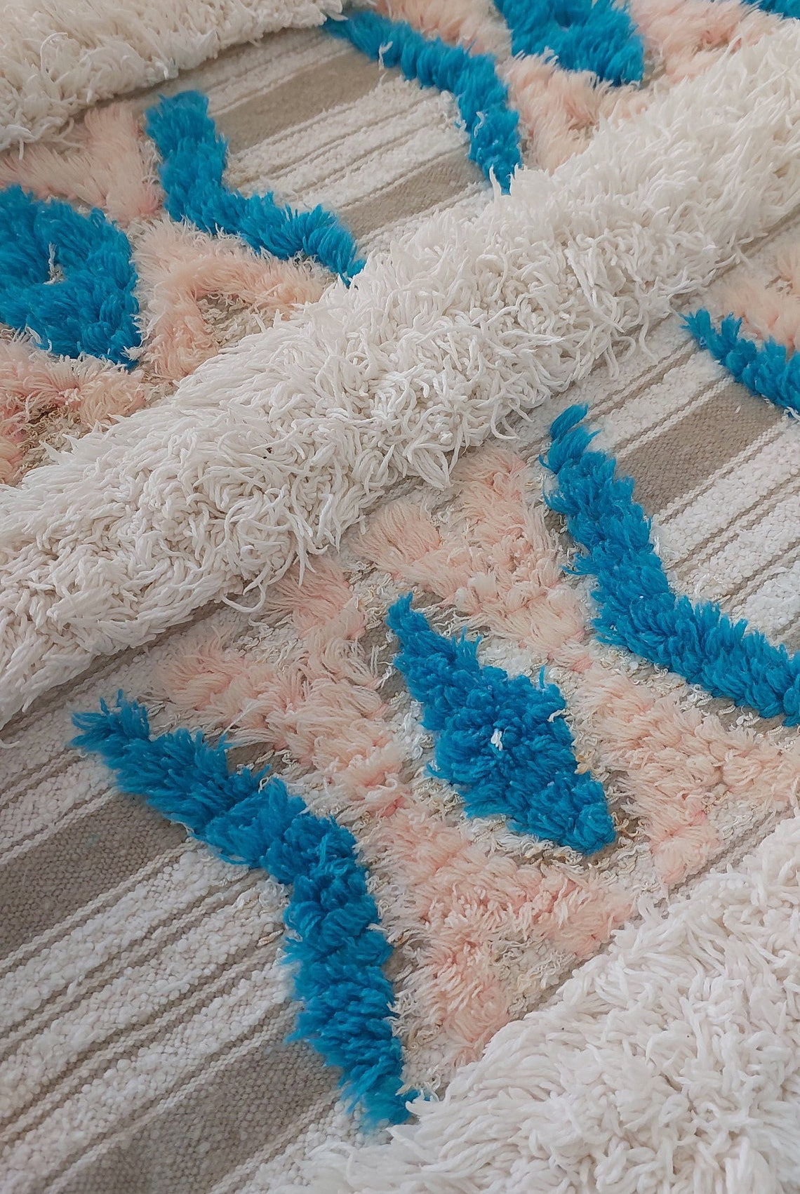 Beni Mtir Blanket Pink Blue Wool: Vintage Moroccan Handwoven Throw, Geometric Shimmer Textile MoroccanBazzArts