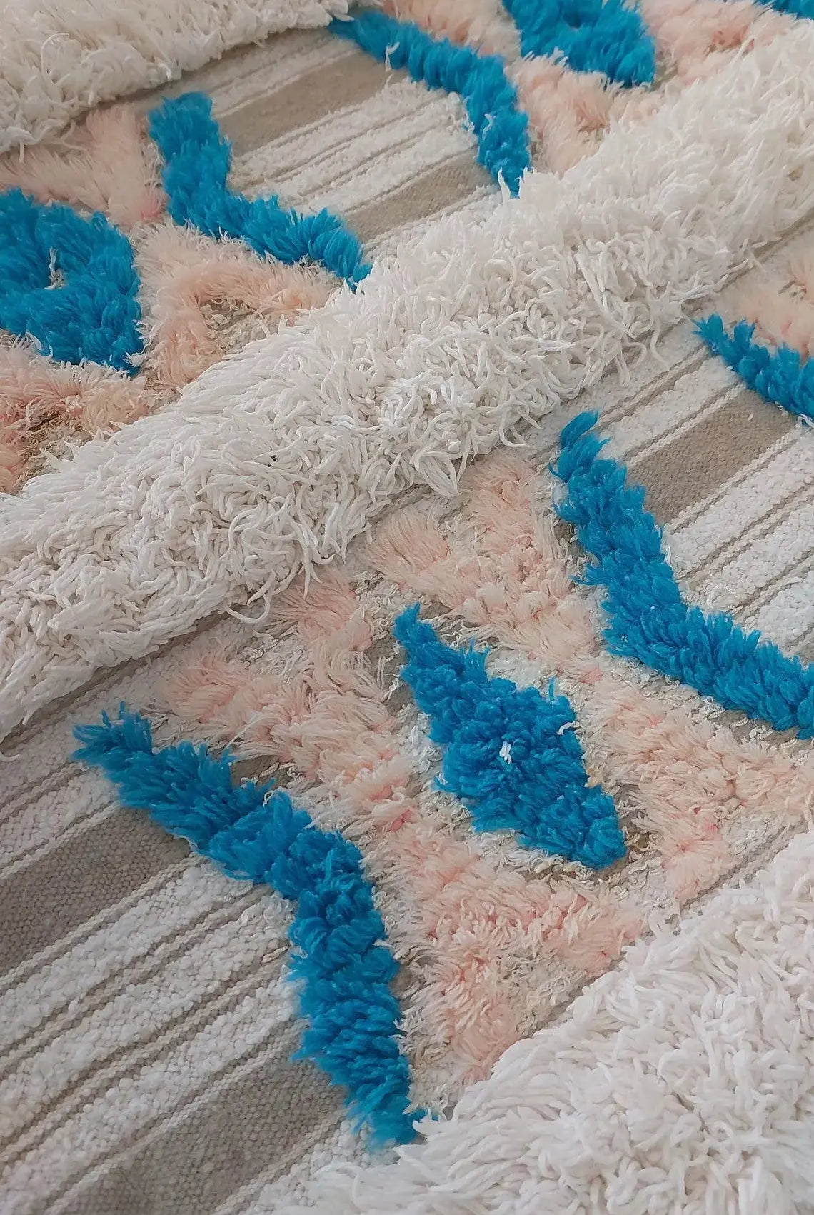 Beni Mtir Blanket Pink Blue Wool: Vintage Moroccan Handwoven Throw, Geometric Shimmer Textile MoroccanBazzArts