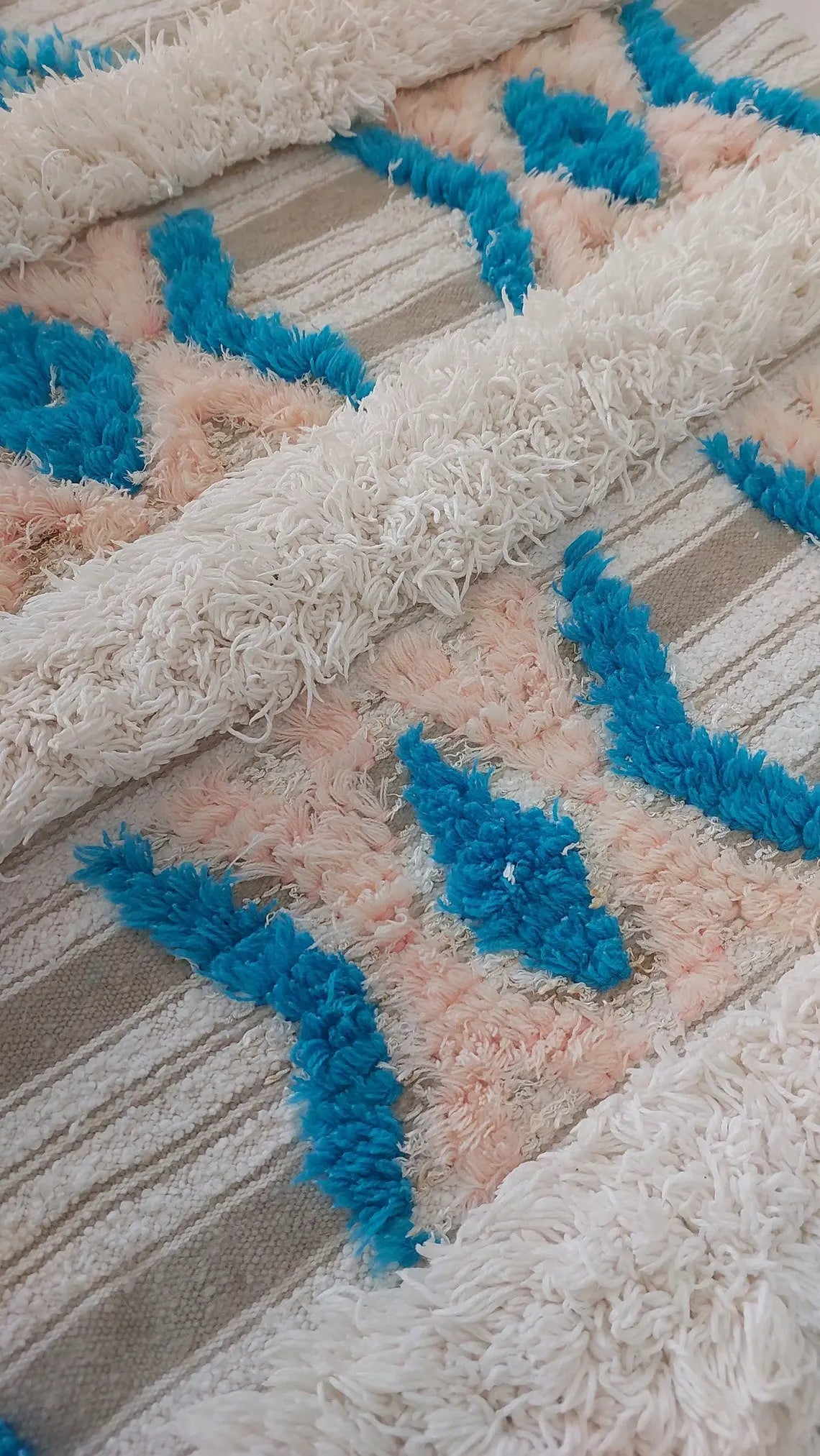 Beni Mtir Blanket Pink Blue Wool: Vintage Moroccan Handwoven Throw, Geometric Shimmer Textile MoroccanBazzArts