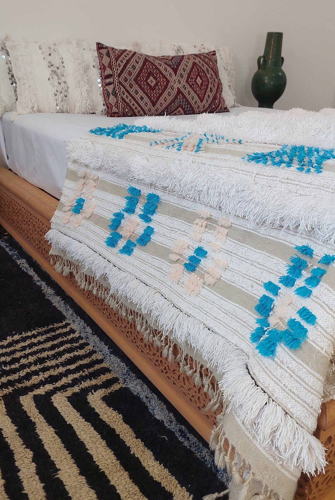Beni Mtir Blanket Pink Blue Wool: Vintage Moroccan Handwoven Throw, Geometric Shimmer Textile MoroccanBazzArts