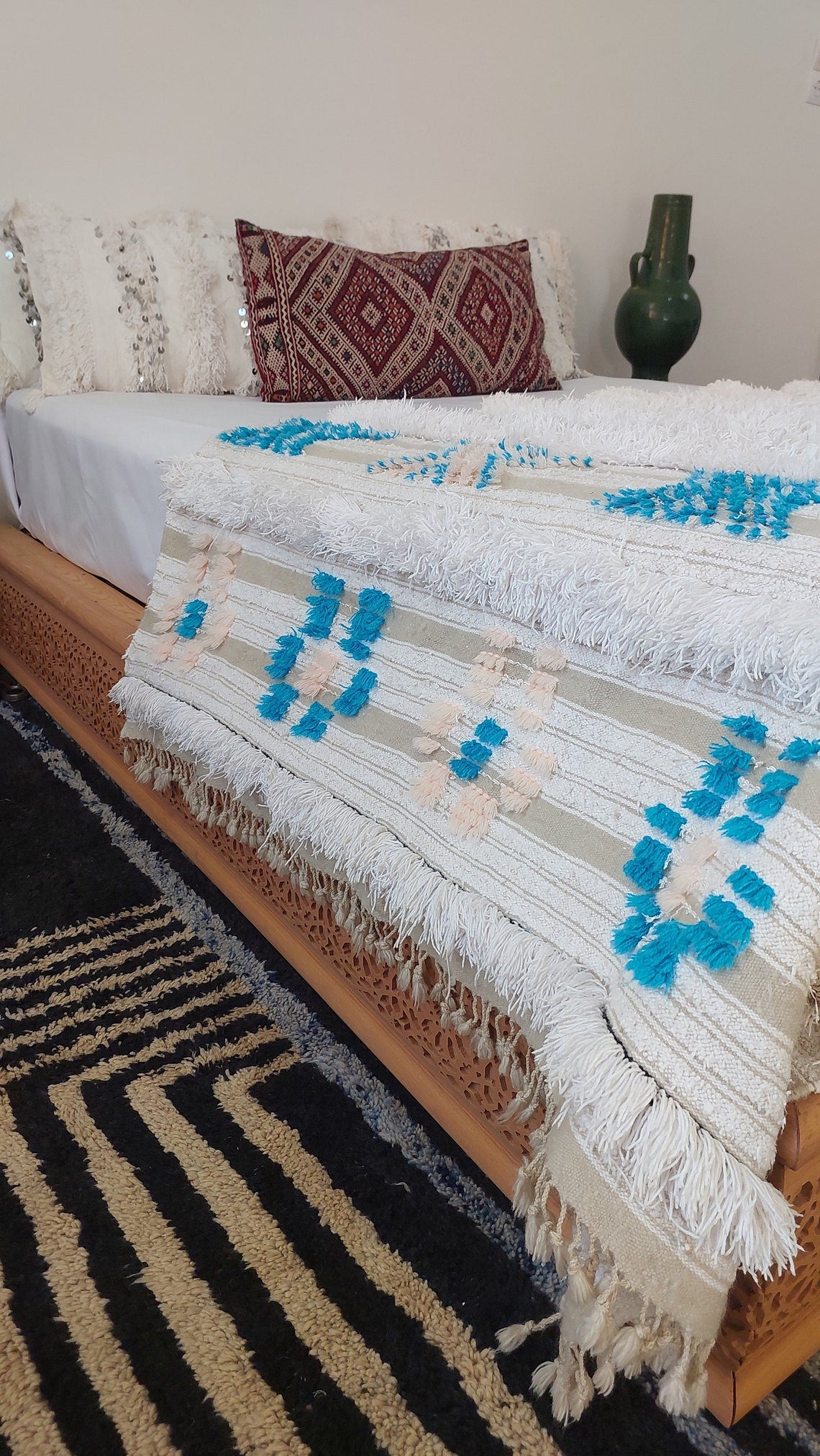 Beni Mtir Blanket Pink Blue Wool: Vintage Moroccan Handwoven Throw, Geometric Shimmer Textile MoroccanBazzArts