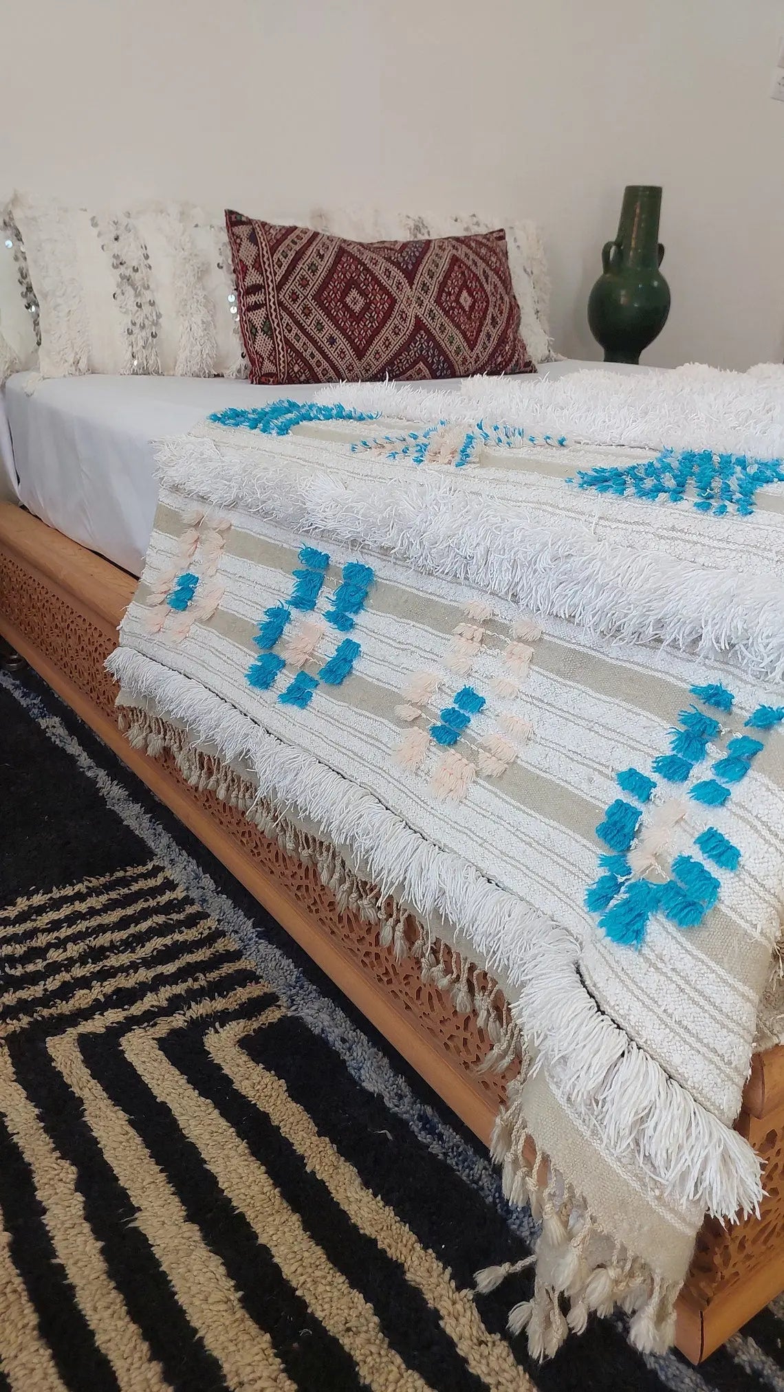 Beni Mtir Blanket Pink Blue Wool: Vintage Moroccan Handwoven Throw, Geometric Shimmer Textile MoroccanBazzArts