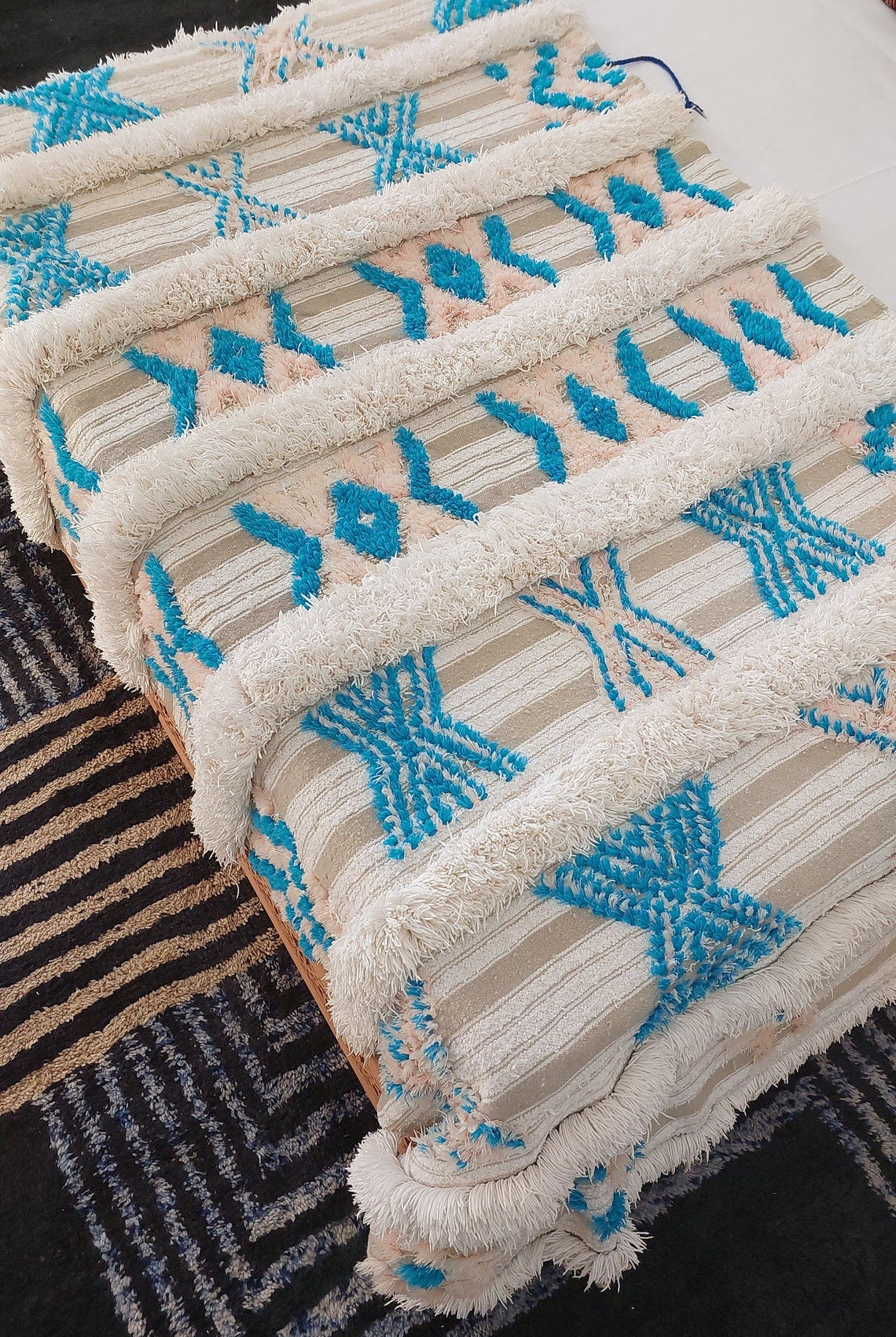 Beni Mtir Blanket Pink Blue Wool: Vintage Moroccan Handwoven Throw, Geometric Shimmer Textile MoroccanBazzArts