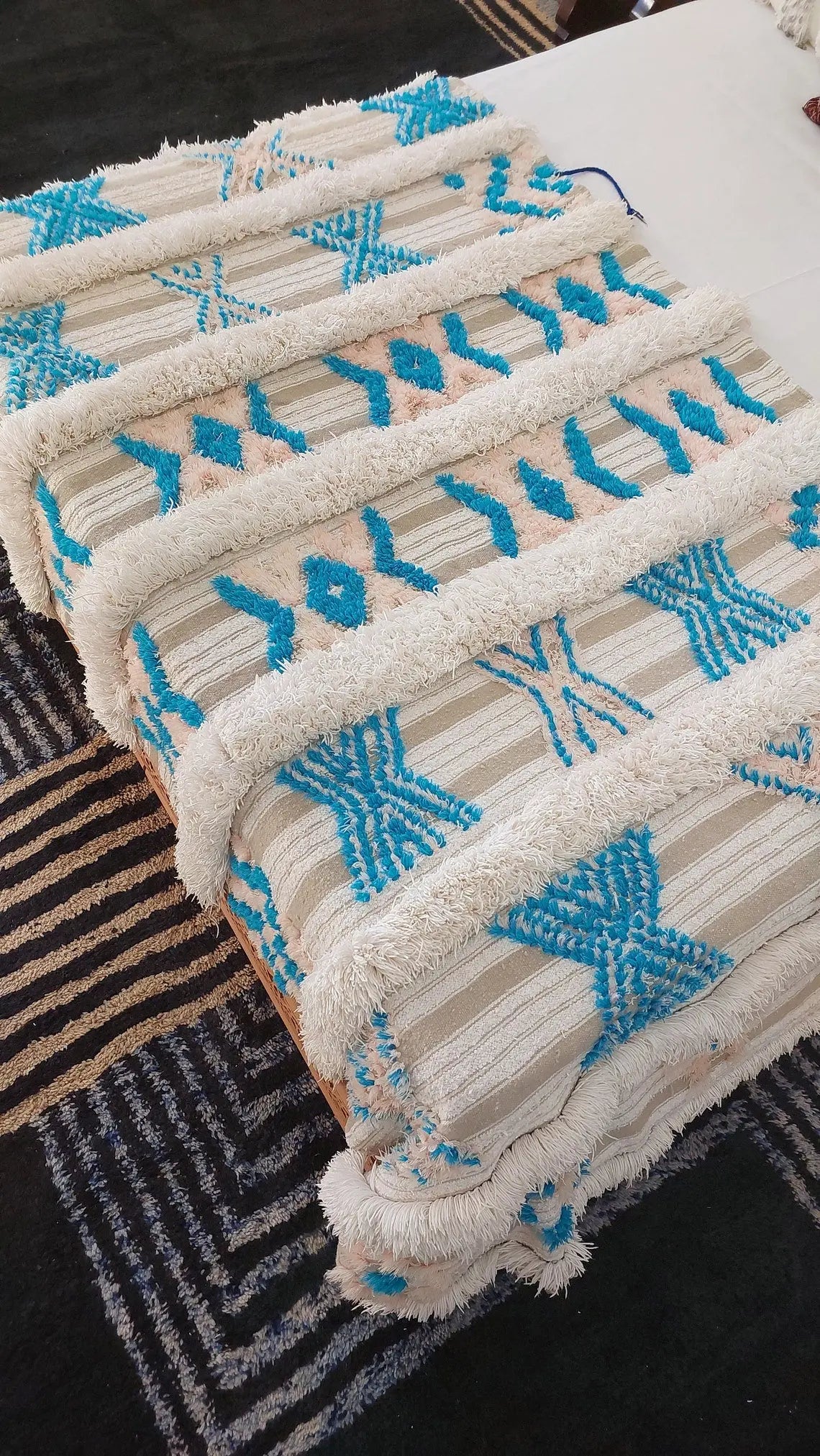 Beni Mtir Blanket Pink Blue Wool: Vintage Moroccan Handwoven Throw, Geometric Shimmer Textile MoroccanBazzArts