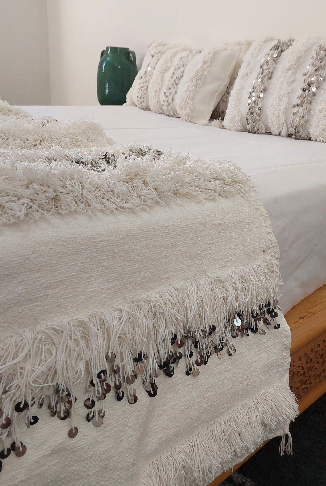 New Handmade Moroccan Wedding Blanket, Berber Handira, Throw Blanket, Size 112x226cm MoroccanBazzArts