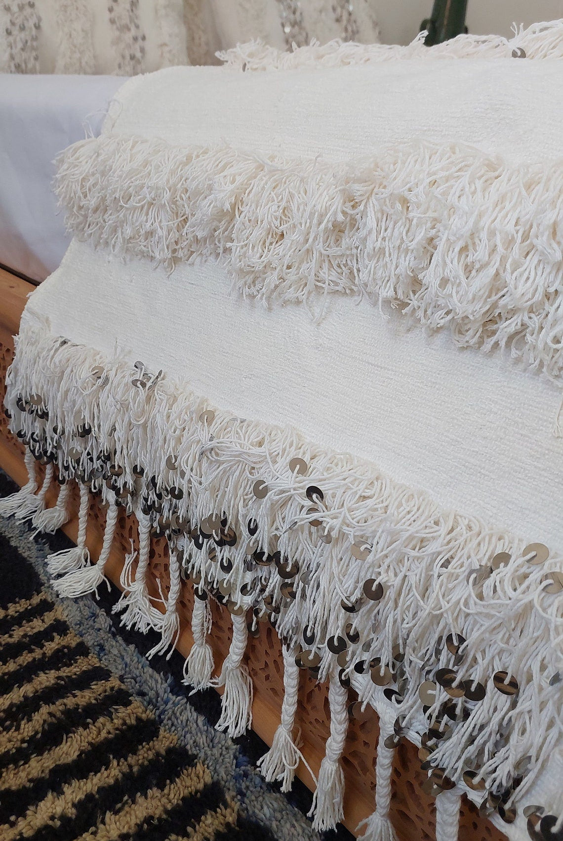 New Handmade Moroccan Wedding Blanket, Berber Handira, Throw Blanket, Size 112x226cm MoroccanBazzArts