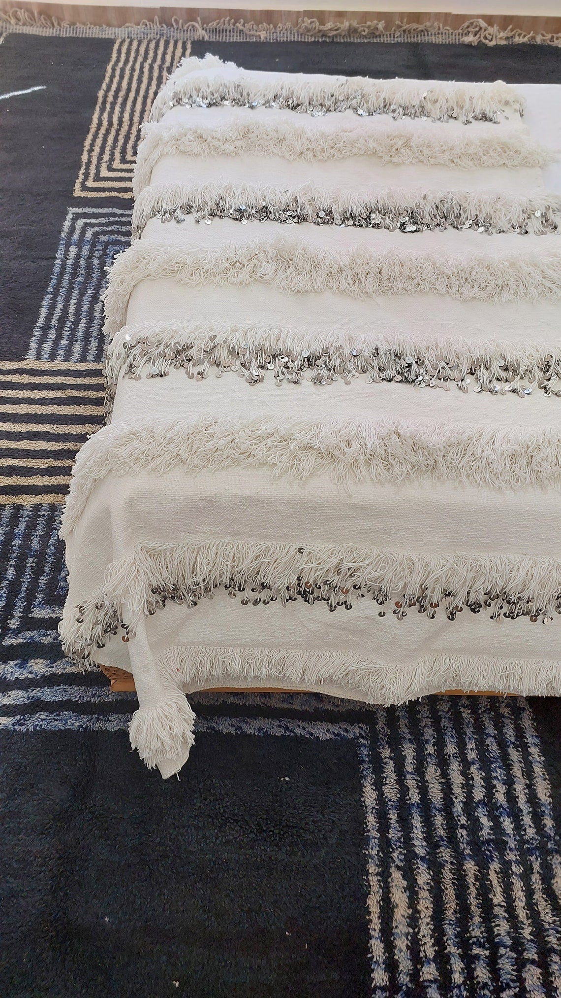 New Handmade Moroccan Wedding Blanket, Berber Handira, Throw Blanket, Size 112x226cm MoroccanBazzArts