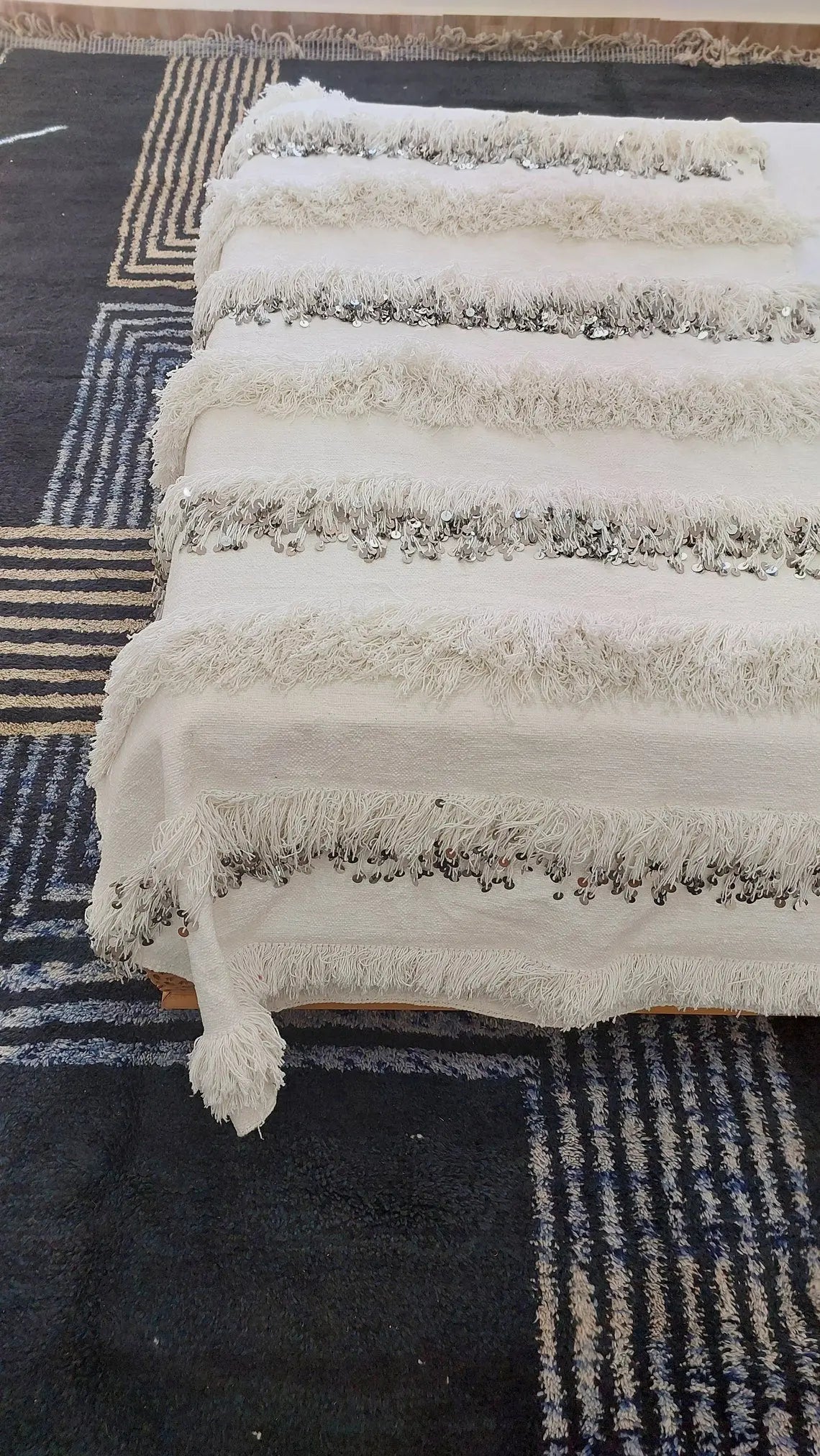 New Handmade Moroccan Wedding Blanket, Berber Handira, Throw Blanket, Size 112x226cm MoroccanBazzArts