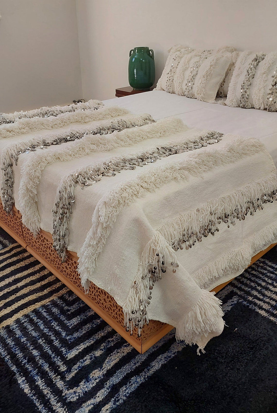 New Handmade Moroccan Wedding Blanket, Berber Handira, Throw Blanket, Size 112x226cm MoroccanBazzArts