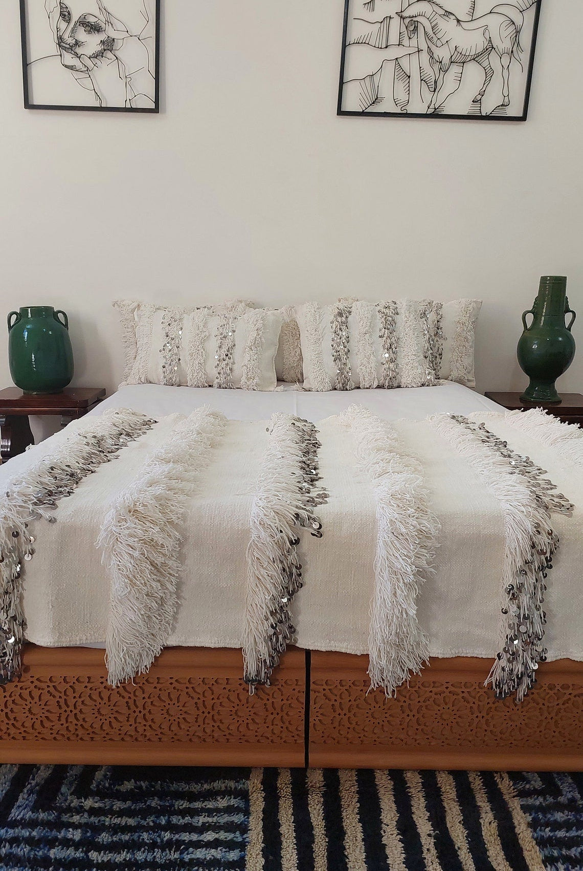 New Handmade Moroccan Wedding Blanket, Berber Handira, Throw Blanket, Size 112x226cm MoroccanBazzArts