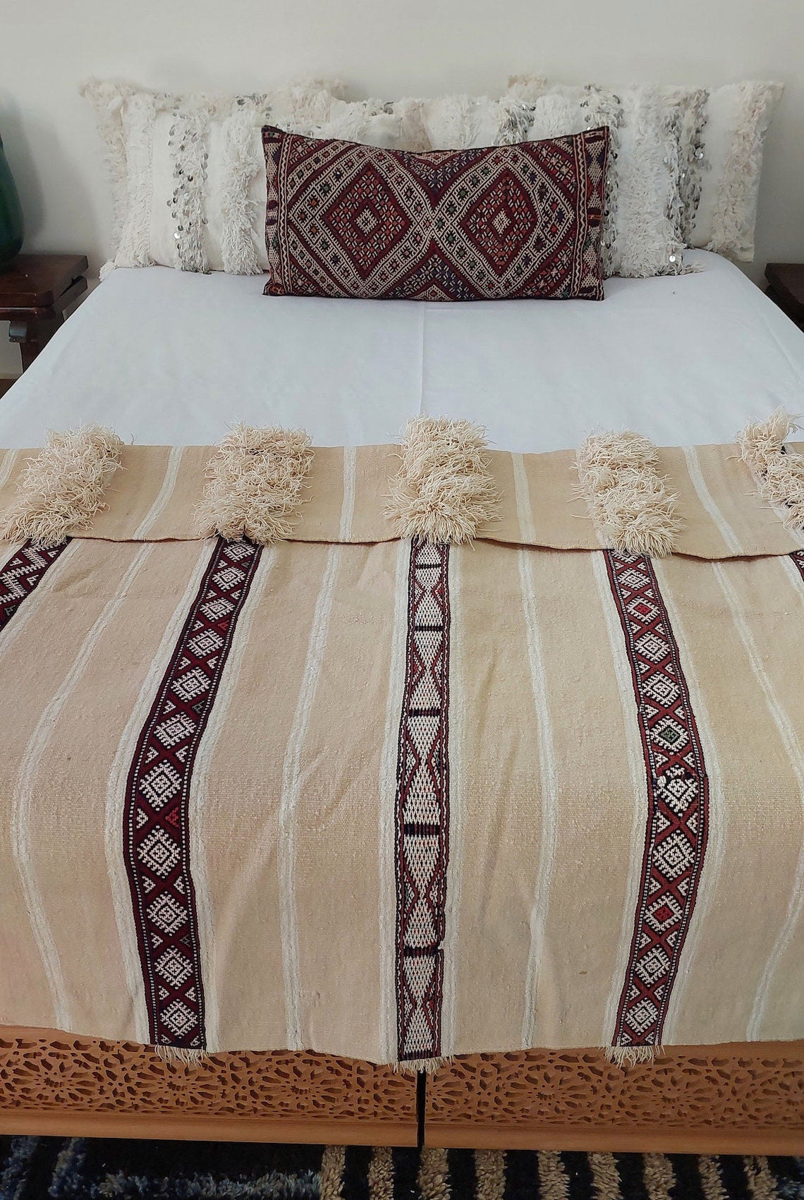 Authentic Moroccan Wedding Blanket, Without Sequins, Vintage Berber Handira. 3.9x6ft MoroccanBazzArts