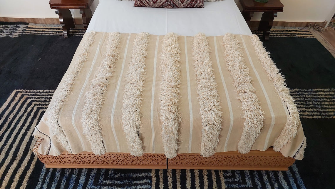 Authentic Moroccan Wedding Blanket, Without Sequins, Vintage Berber Handira. 3.9x6ft MoroccanBazzArts