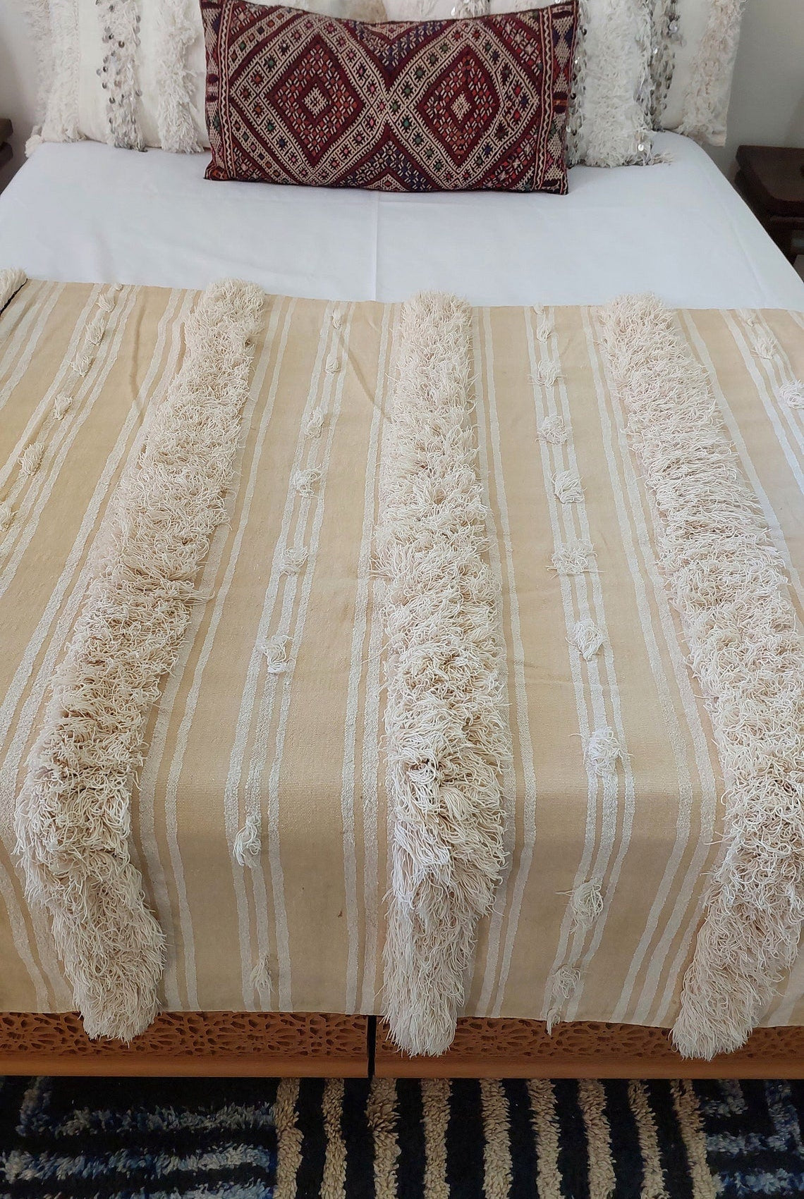 Moroccan Wedding Blanket, "Mona" Authentic Berber, Handira, Throw Blanket. 4x6.5ft MoroccanBazzArts