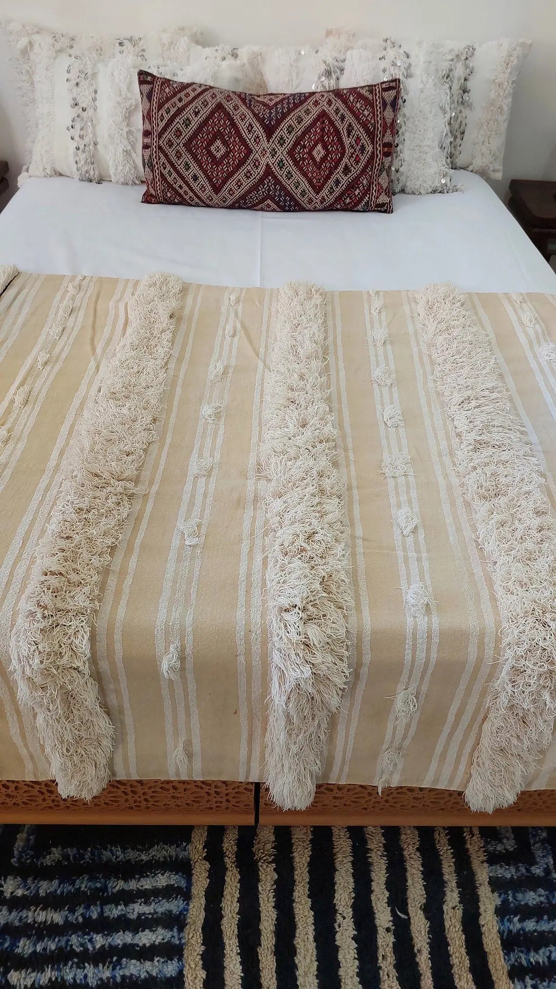Moroccan Wedding Blanket, "Mona" Authentic Berber, Handira, Throw Blanket. 4x6.5ft MoroccanBazzArts