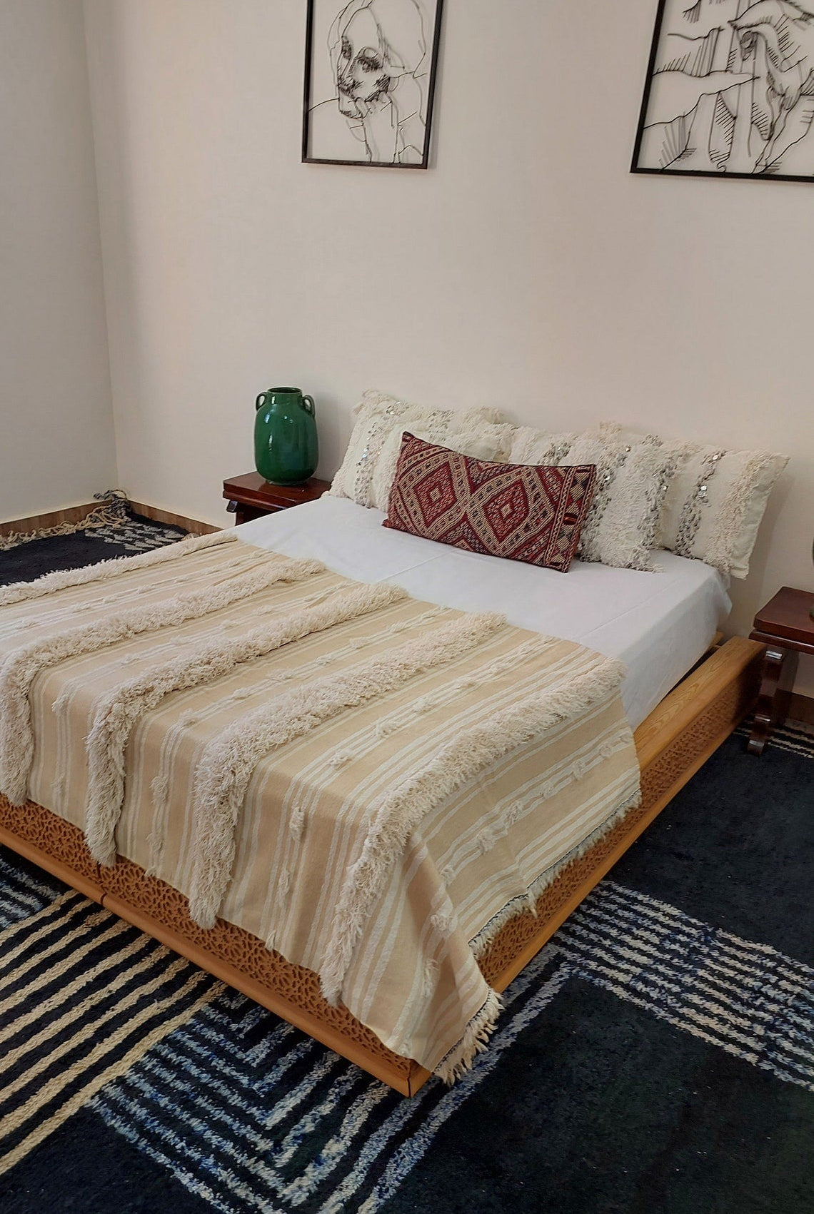 Moroccan Wedding Blanket, "Mona" Authentic Berber, Handira, Throw Blanket. 4x6.5ft MoroccanBazzArts