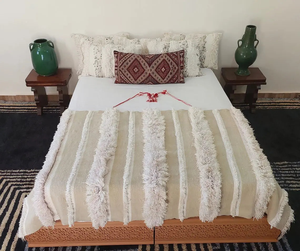Vintage Moroccan Berber Handira: Handmade Ivory Wool Wedding Blanket - Authentic Tribal Textile MoroccanBazzArts