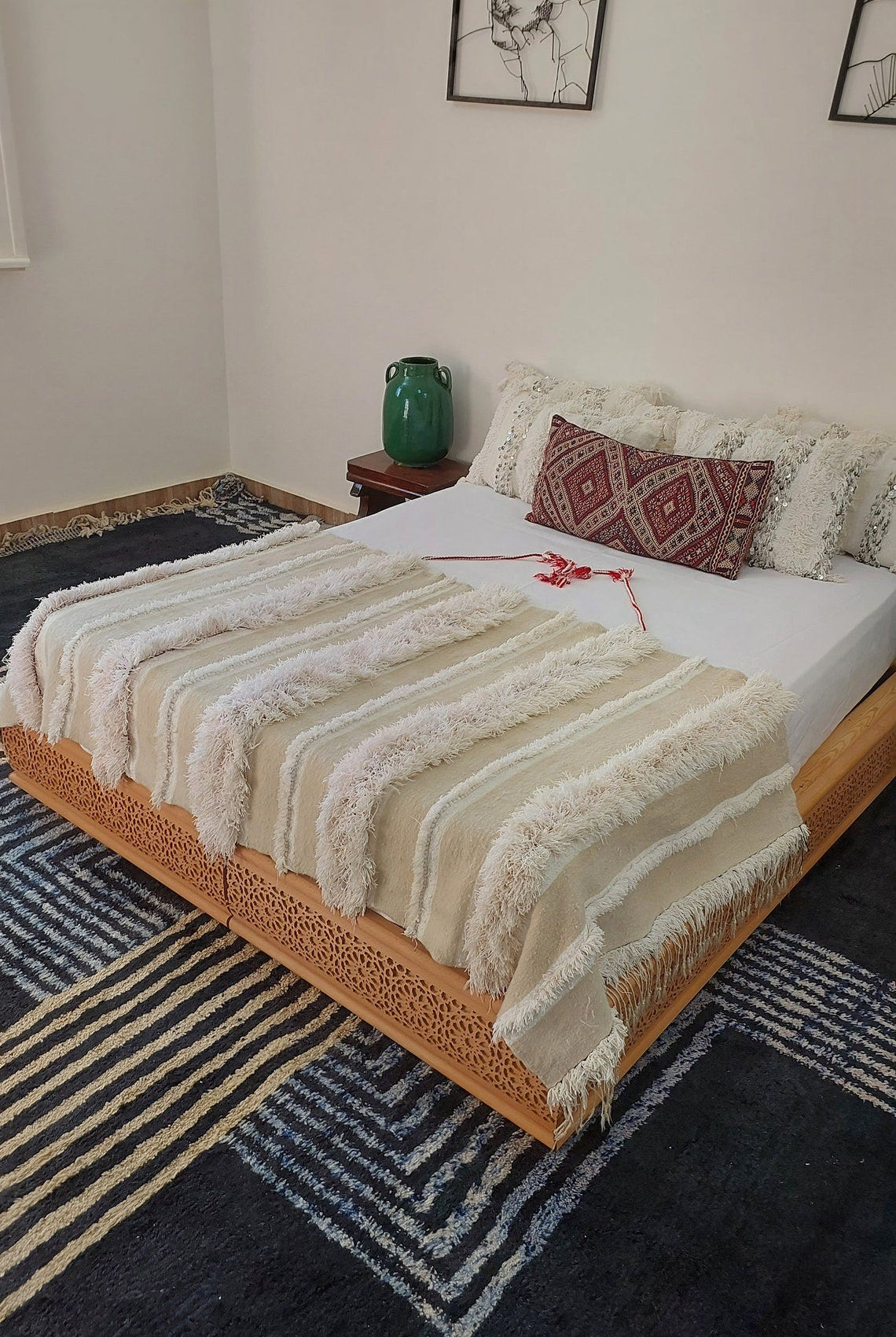 Vintage Moroccan Berber Handira: Handmade Ivory Wool Wedding Blanket - Authentic Tribal Textile MoroccanBazzArts