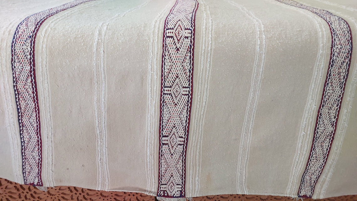 Handira Bed Throw Cream Fringe: Authentic Moroccan 4x7ft Boho Blanket Neutral Sofa Decor MoroccanBazzArts