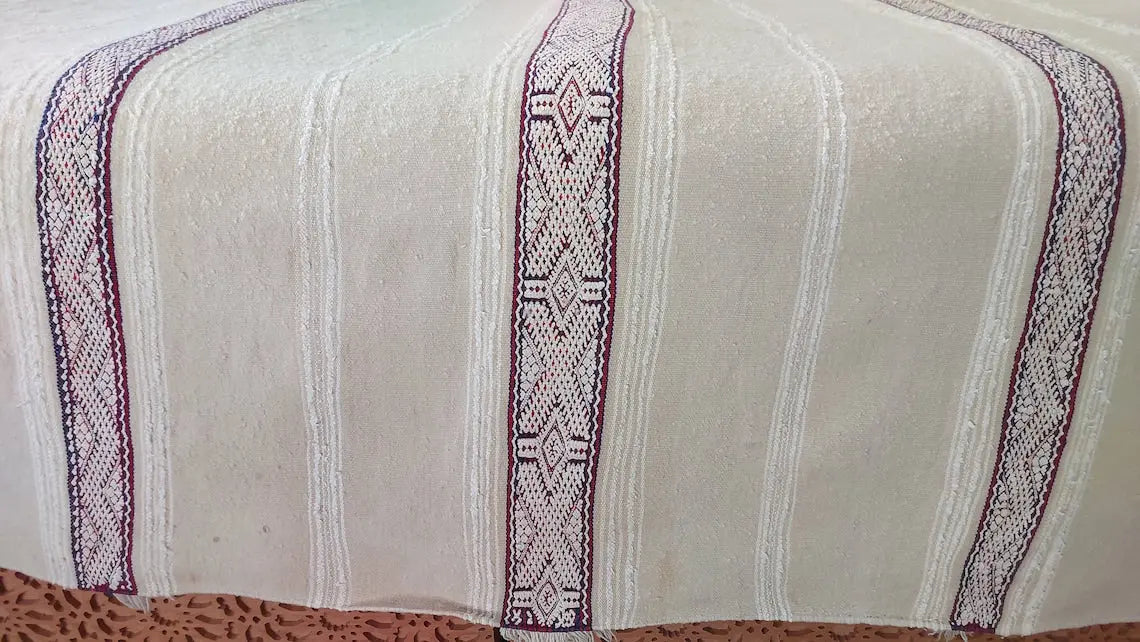Handira Bed Throw Cream Fringe: Authentic Moroccan 4x7ft Boho Blanket Neutral Sofa Decor MoroccanBazzArts