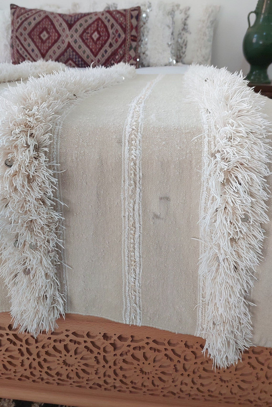 Handira Bed Throw Cream Fringe: Authentic Moroccan 4x7ft Boho Blanket Neutral Sofa Decor MoroccanBazzArts