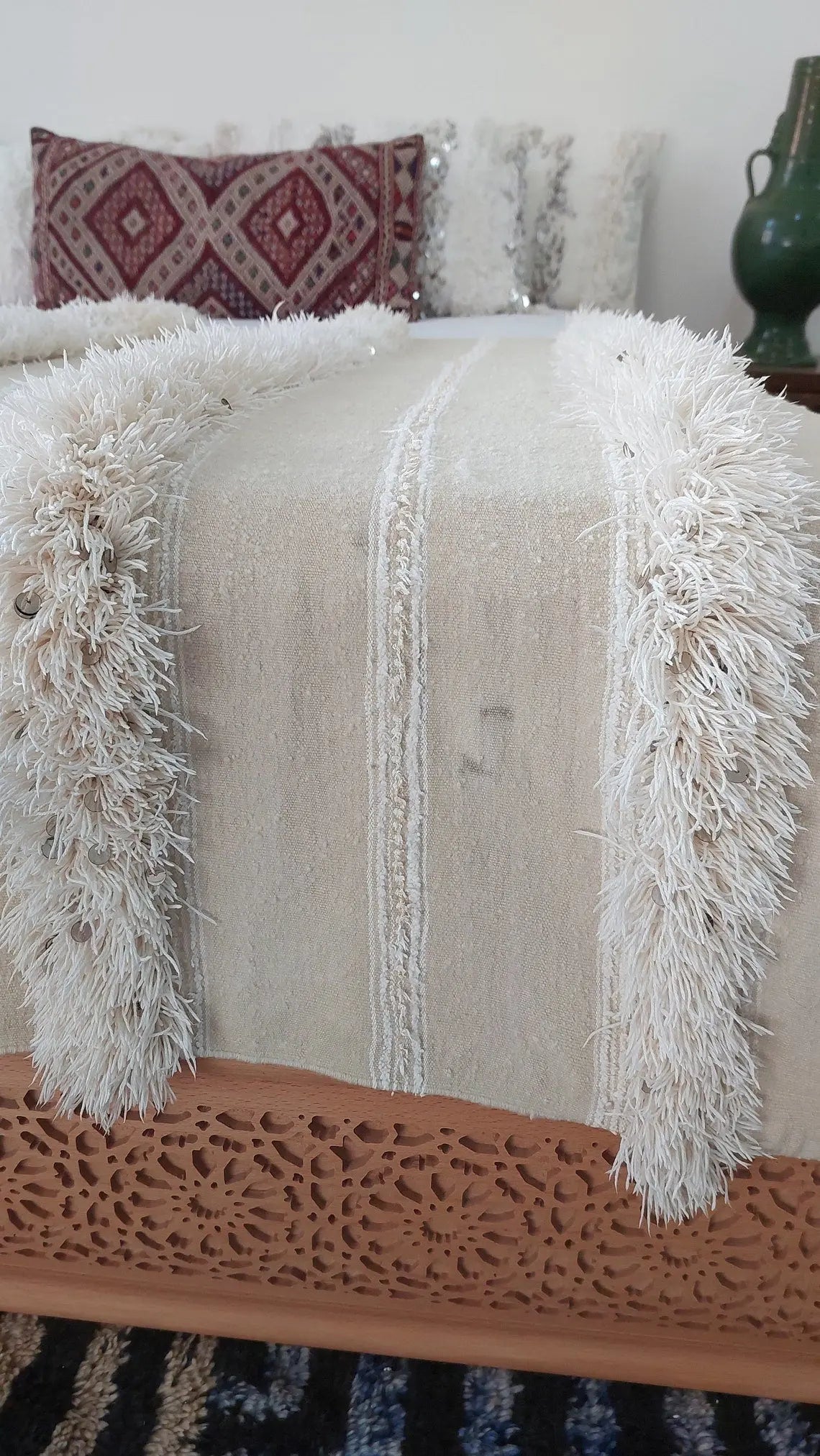 Handira Bed Throw Cream Fringe: Authentic Moroccan 4x7ft Boho Blanket Neutral Sofa Decor MoroccanBazzArts