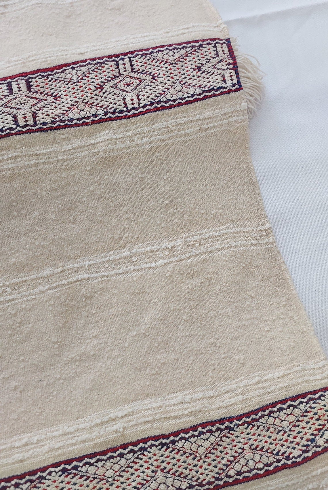 Handira Bed Throw Cream Fringe: Authentic Moroccan 4x7ft Boho Blanket Neutral Sofa Decor MoroccanBazzArts