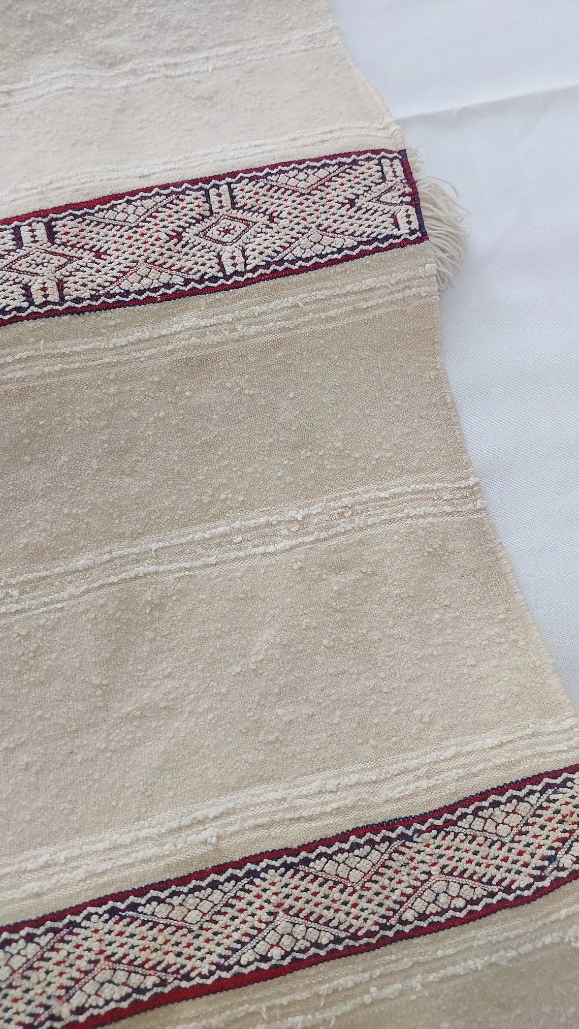 Handira Bed Throw Cream Fringe: Authentic Moroccan 4x7ft Boho Blanket Neutral Sofa Decor MoroccanBazzArts