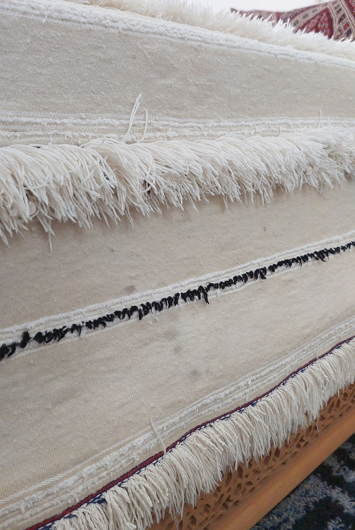 Handira Bed Throw Cream Fringe: Authentic Moroccan 4x7ft Boho Blanket Neutral Sofa Decor MoroccanBazzArts
