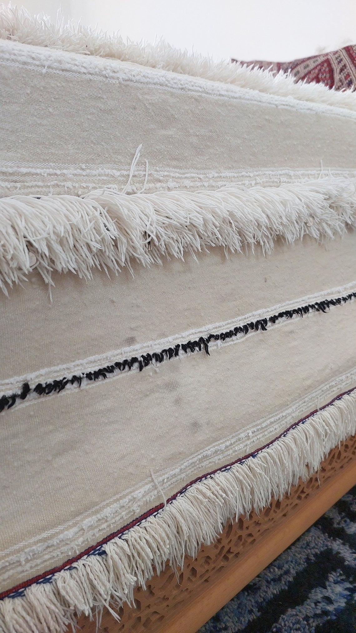 Handira Bed Throw Cream Fringe: Authentic Moroccan 4x7ft Boho Blanket Neutral Sofa Decor MoroccanBazzArts