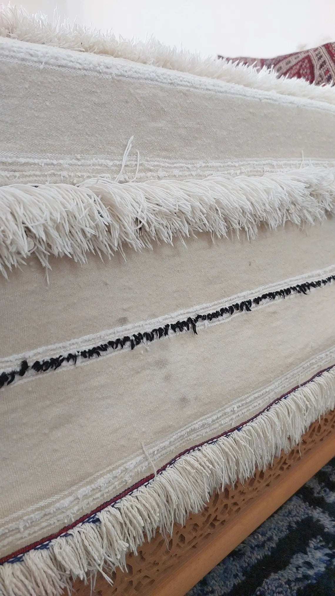 Handira Bed Throw Cream Fringe: Authentic Moroccan 4x7ft Boho Blanket Neutral Sofa Decor MoroccanBazzArts