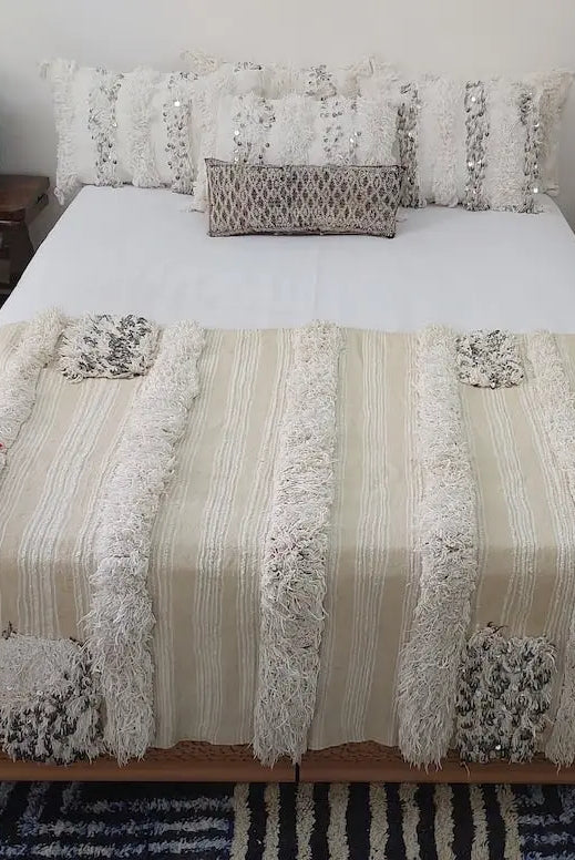 Handira Moroccan Wedding Blanket: Large Ivory Vintage Decor With Sequins, Tassels, Bohemian Century Berber Style MoroccanBazzArts