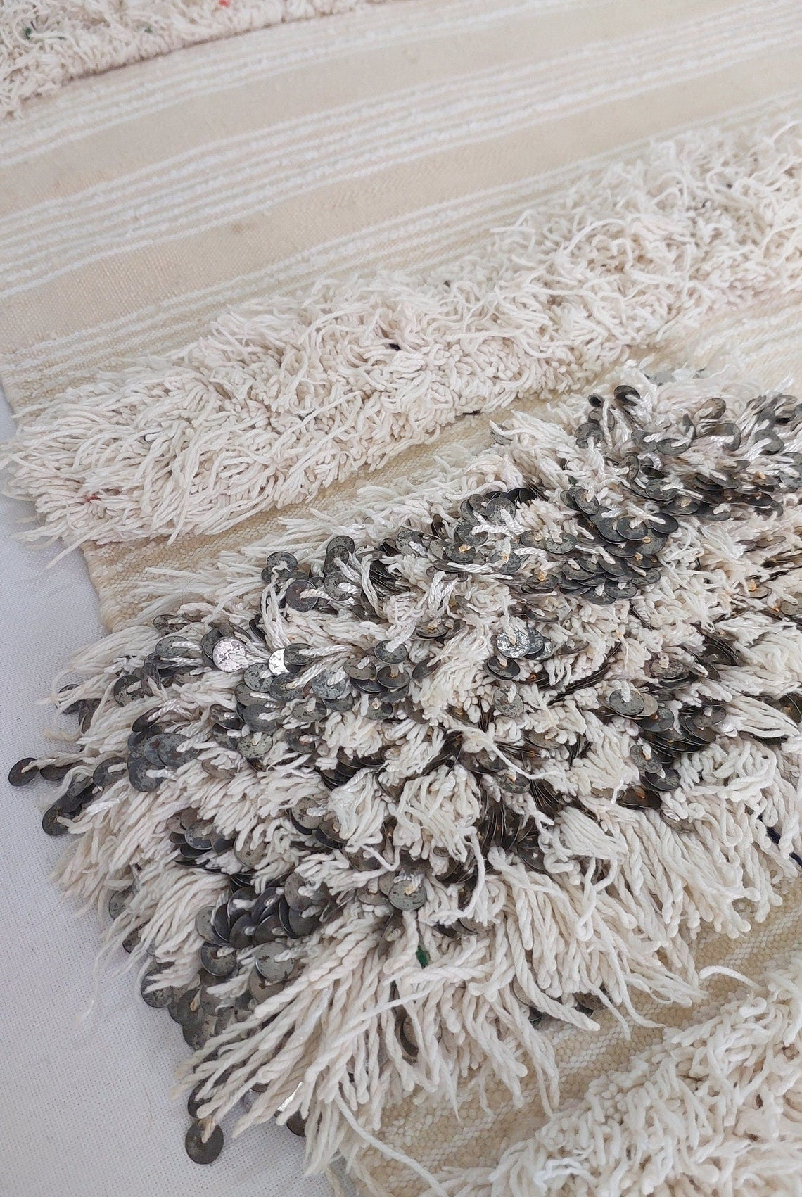 Handira Moroccan Wedding Blanket: Large Ivory Vintage Decor With Sequins, Tassels, Bohemian Century Berber Style MoroccanBazzArts