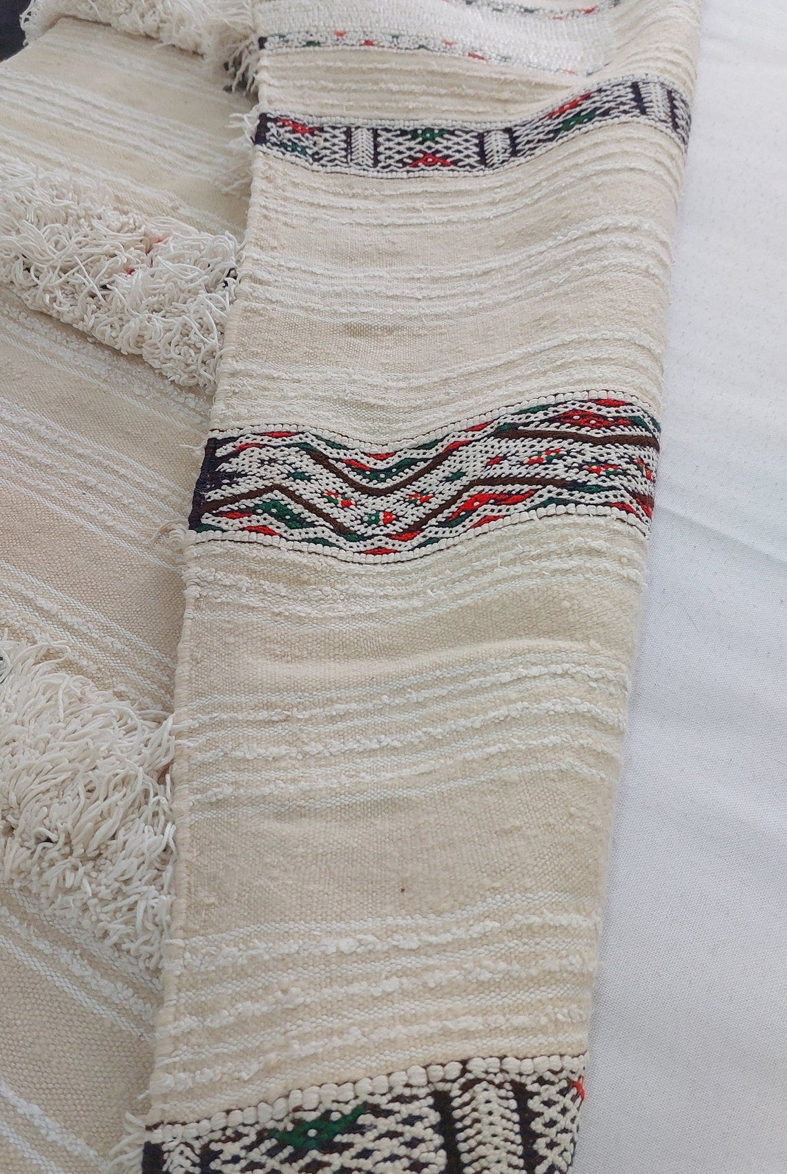 Handira Moroccan Wedding Blanket: Large Ivory Vintage Decor With Sequins, Tassels, Bohemian Century Berber Style MoroccanBazzArts