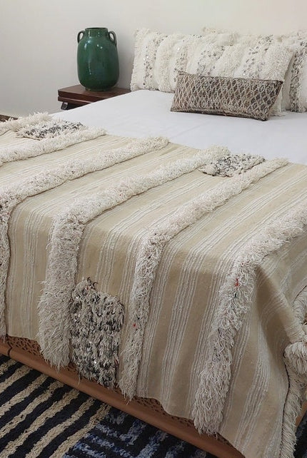 Handira Moroccan Wedding Blanket: Large Ivory Vintage Decor With Sequins, Tassels, Bohemian Century Berber Style MoroccanBazzArts