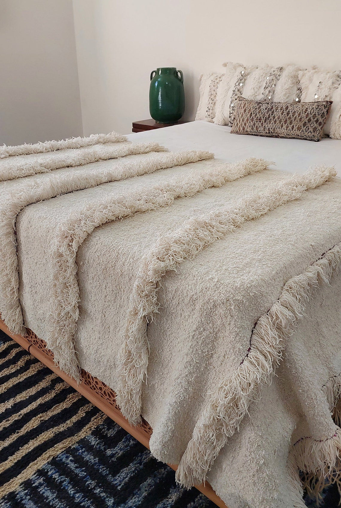 Authentic Vintage Moroccan Berber Handira: White Wedding Throw Blanket for Bohemian Tribal Decor MoroccanBazzArts