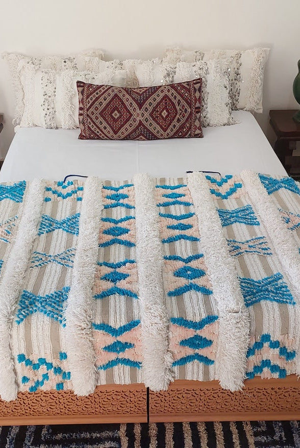 Beni Mtir Blanket Pink Blue Wool: Vintage Moroccan Handwoven Throw, Geometric Shimmer Textile MoroccanBazzArts