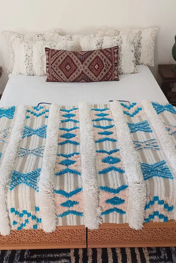 Beni Mtir Blanket Pink Blue Wool: Vintage Moroccan Handwoven Throw, Geometric Shimmer Textile MoroccanBazzArts