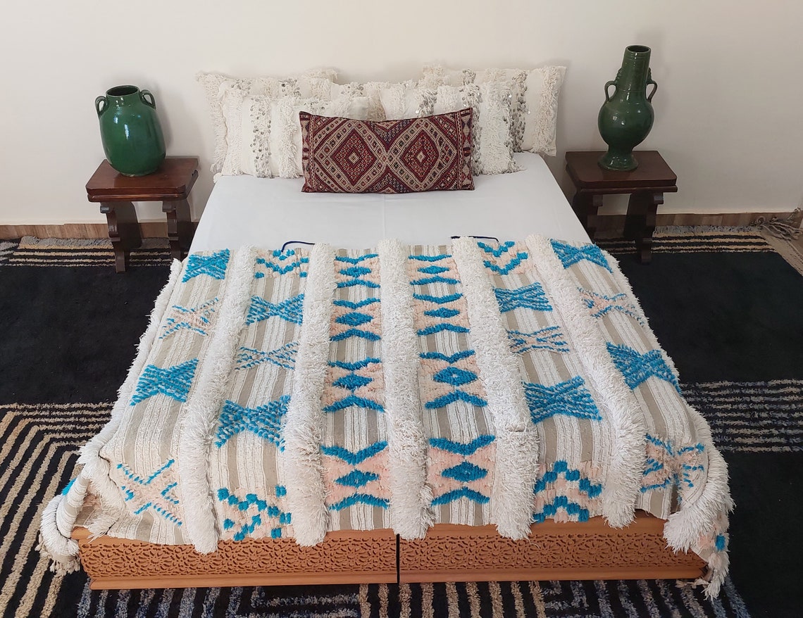 Beni Mtir Blanket Pink Blue Wool: Vintage Moroccan Handwoven Throw, Geometric Shimmer Textile MoroccanBazzArts