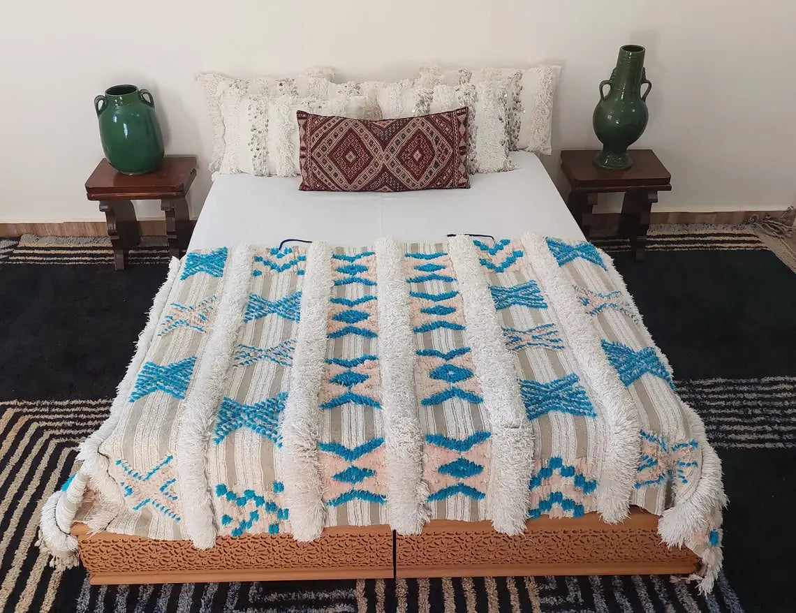 Beni Mtir Blanket Pink Blue Wool: Vintage Moroccan Handwoven Throw, Geometric Shimmer Textile MoroccanBazzArts
