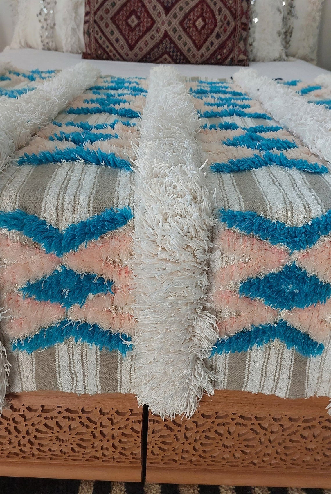 Beni Mtir Blanket Pink Blue Wool: Vintage Moroccan Handwoven Throw, Geometric Shimmer Textile MoroccanBazzArts