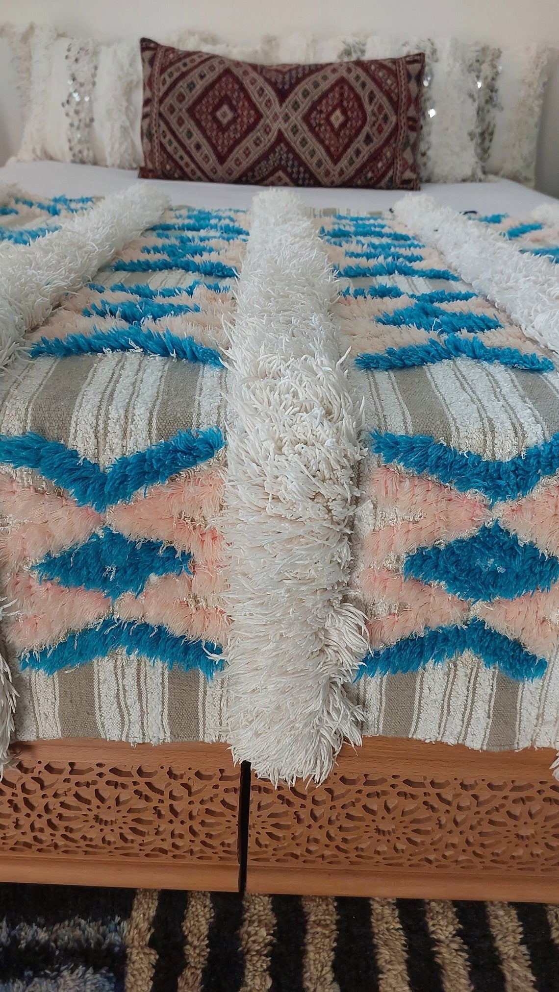 Beni Mtir Blanket Pink Blue Wool: Vintage Moroccan Handwoven Throw, Geometric Shimmer Textile MoroccanBazzArts