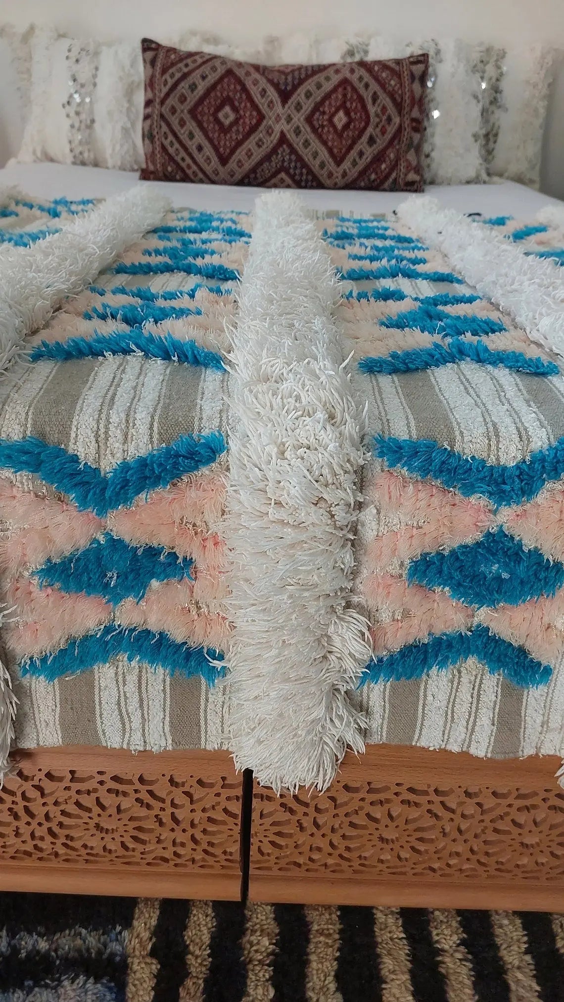 Beni Mtir Blanket Pink Blue Wool: Vintage Moroccan Handwoven Throw, Geometric Shimmer Textile MoroccanBazzArts