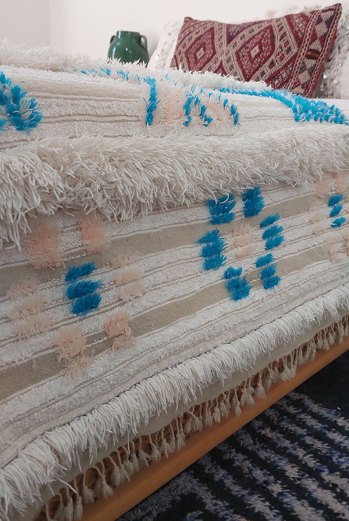 Beni Mtir Blanket Pink Blue Wool: Vintage Moroccan Handwoven Throw, Geometric Shimmer Textile MoroccanBazzArts