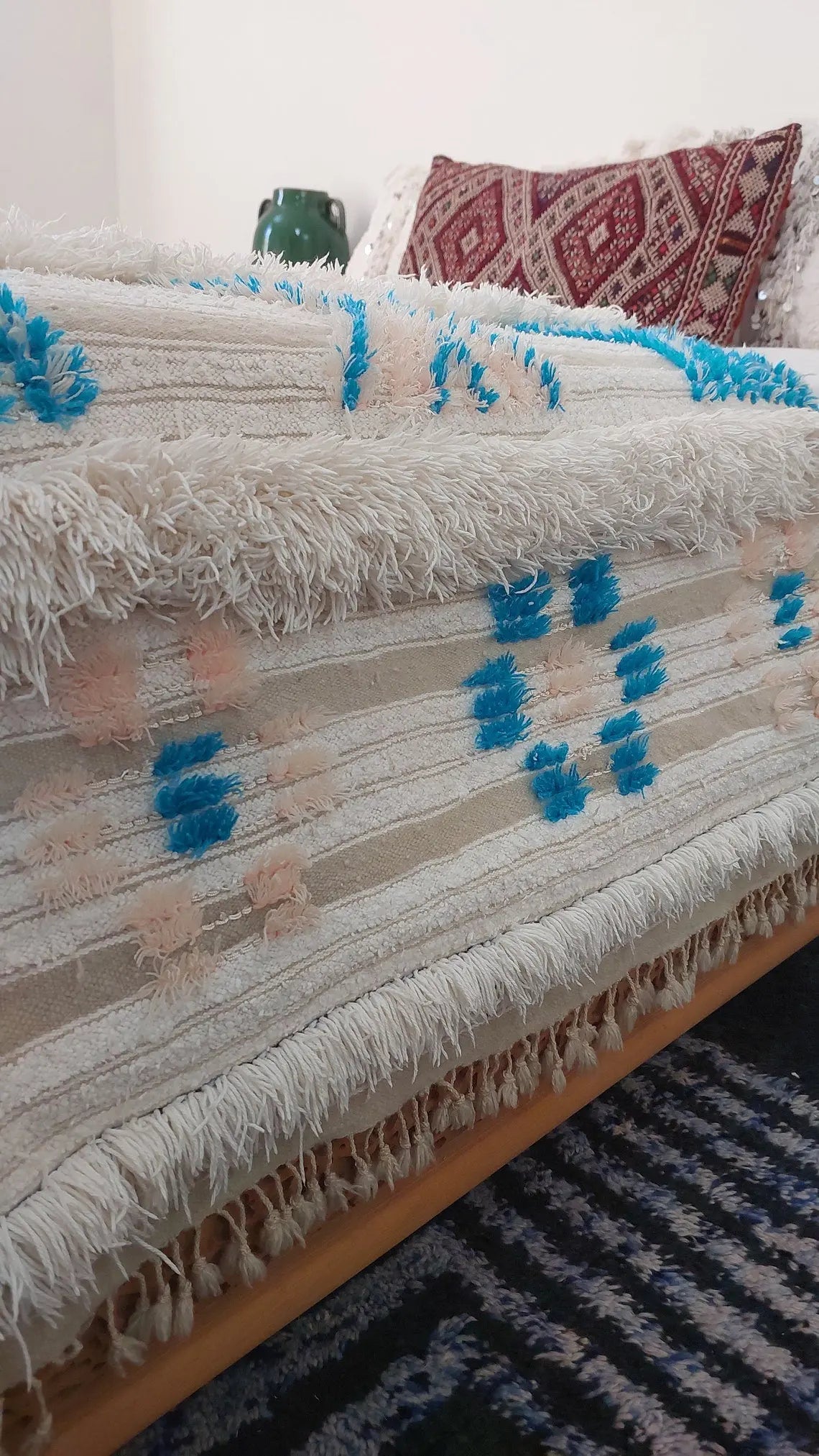 Beni Mtir Blanket Pink Blue Wool: Vintage Moroccan Handwoven Throw, Geometric Shimmer Textile MoroccanBazzArts