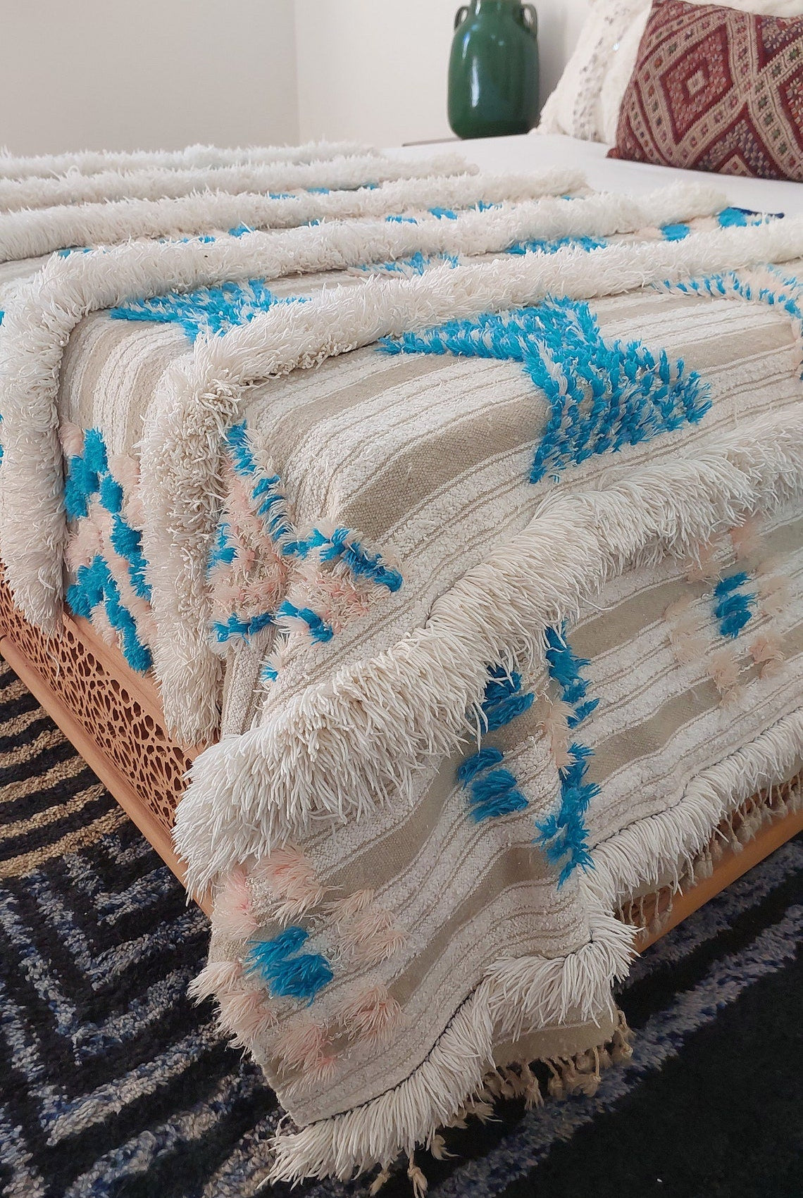 Beni Mtir Blanket Pink Blue Wool: Vintage Moroccan Handwoven Throw, Geometric Shimmer Textile MoroccanBazzArts