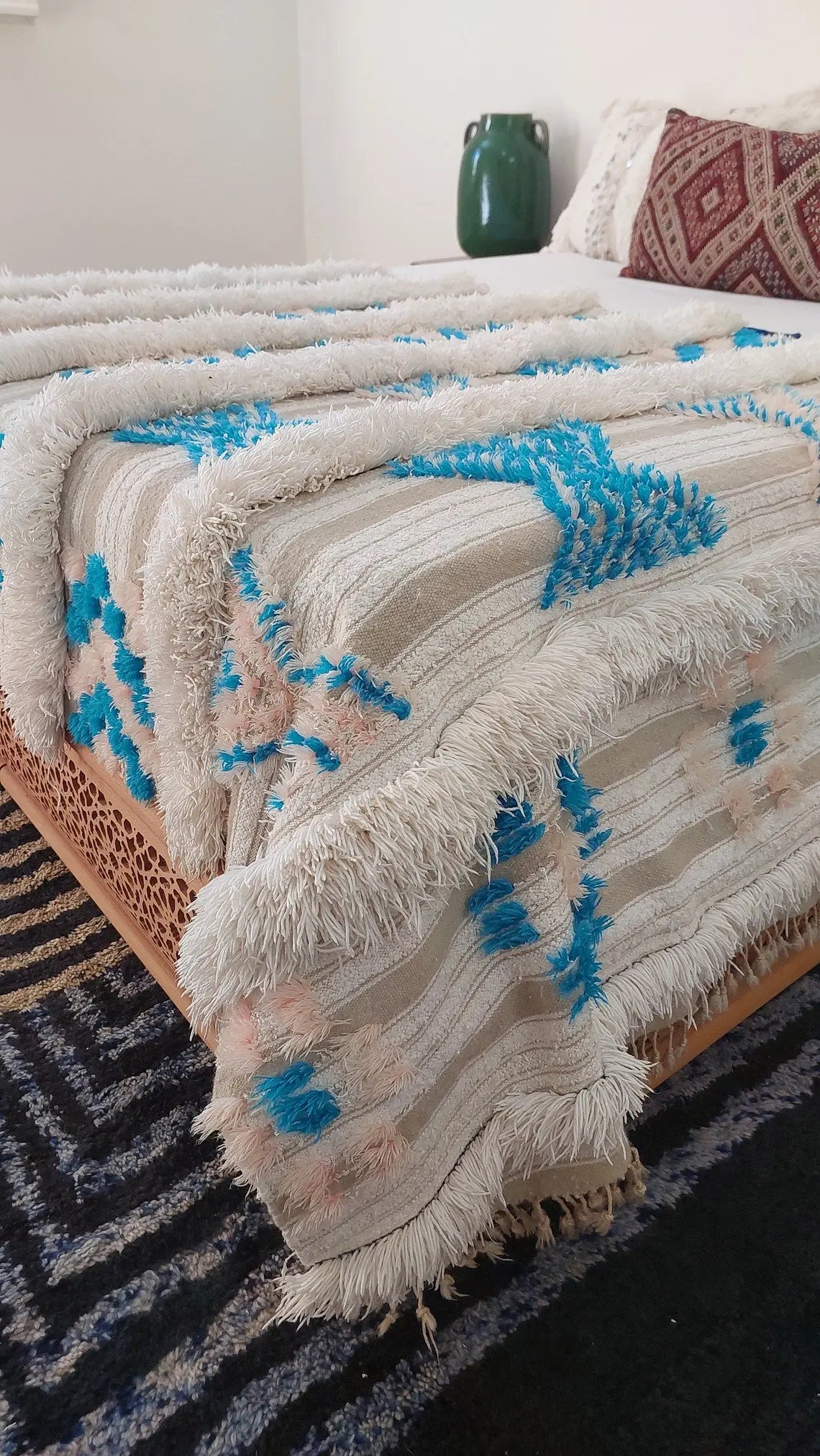 Beni Mtir Blanket Pink Blue Wool: Vintage Moroccan Handwoven Throw, Geometric Shimmer Textile MoroccanBazzArts