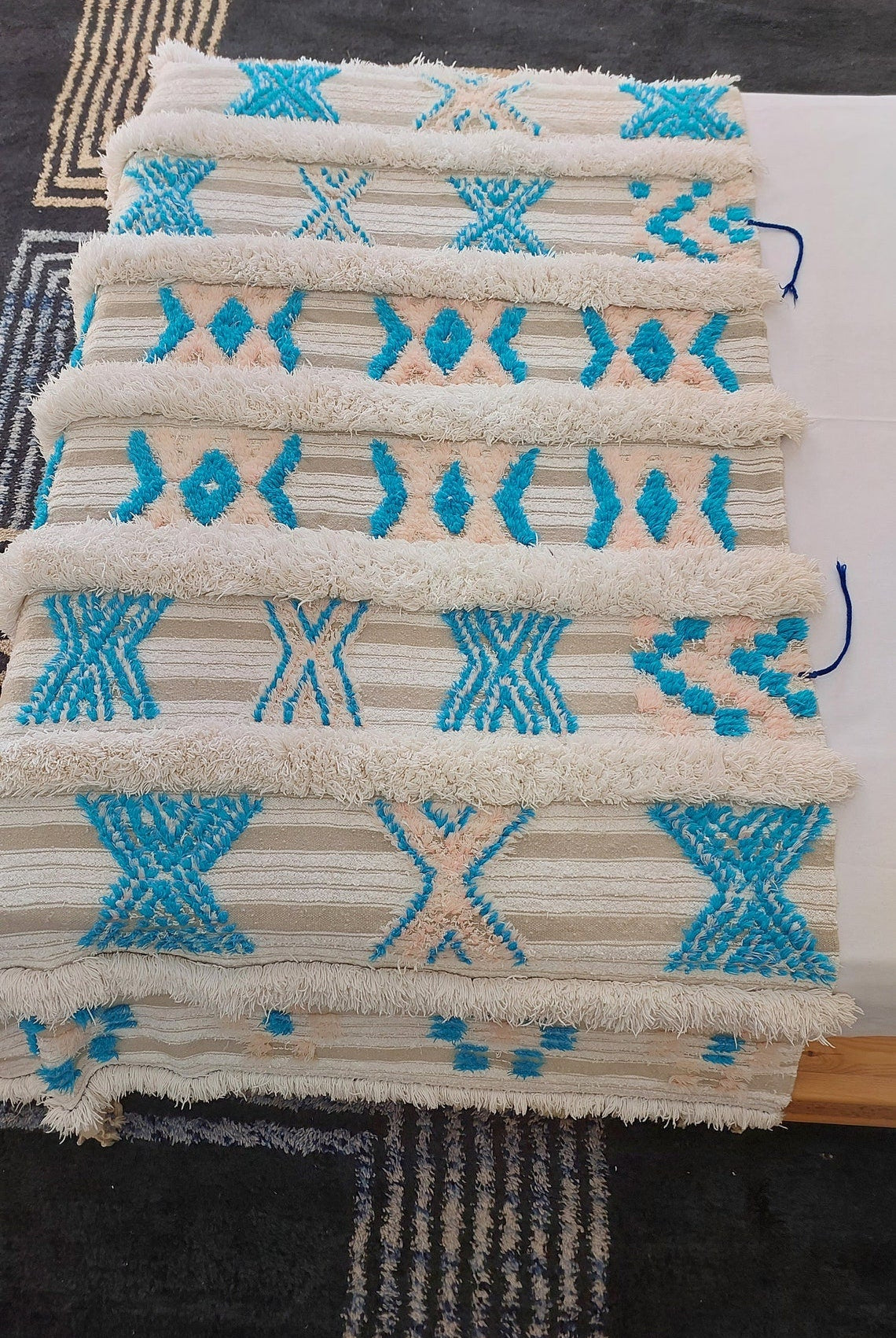 Beni Mtir Blanket Pink Blue Wool: Vintage Moroccan Handwoven Throw, Geometric Shimmer Textile MoroccanBazzArts