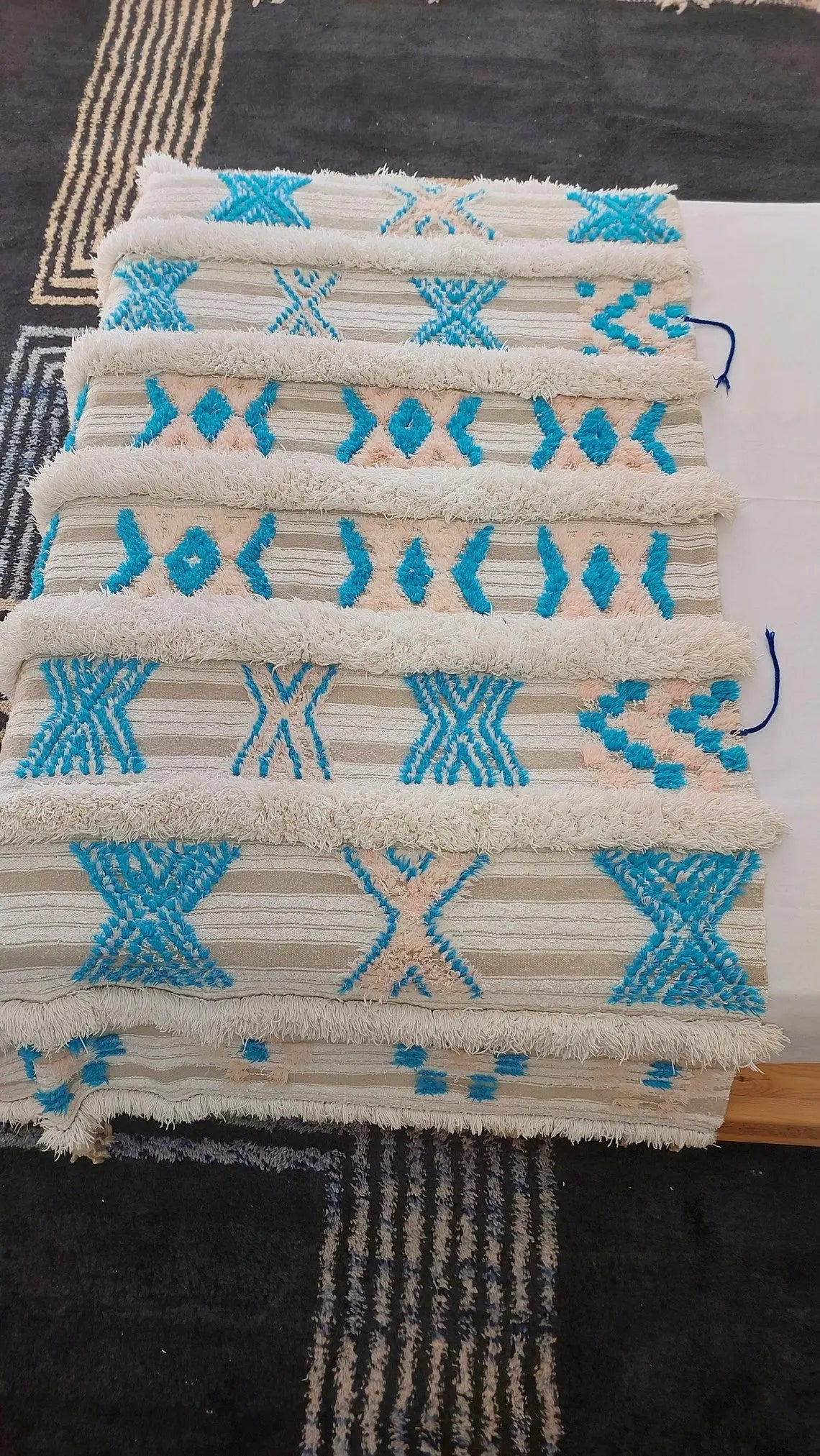 Beni Mtir Blanket Pink Blue Wool: Vintage Moroccan Handwoven Throw, Geometric Shimmer Textile MoroccanBazzArts